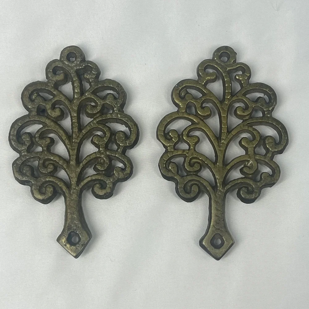 Vintage Solid Brass Tree of Life Mini Trivets Wall Hanging Set 2 India Footed